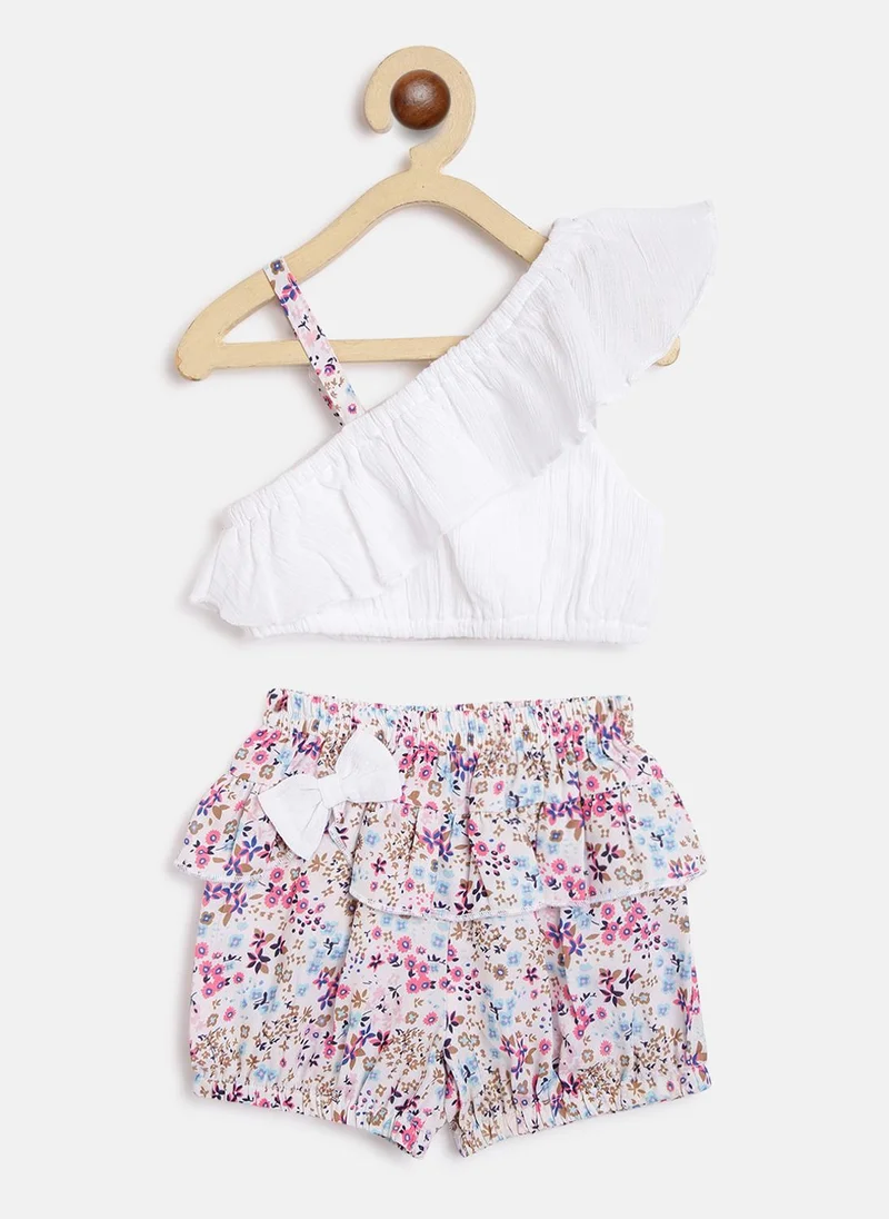 Nautinati Girls' Single-shouldered Top & All-over Floral Printed Shorts Co-ord Set